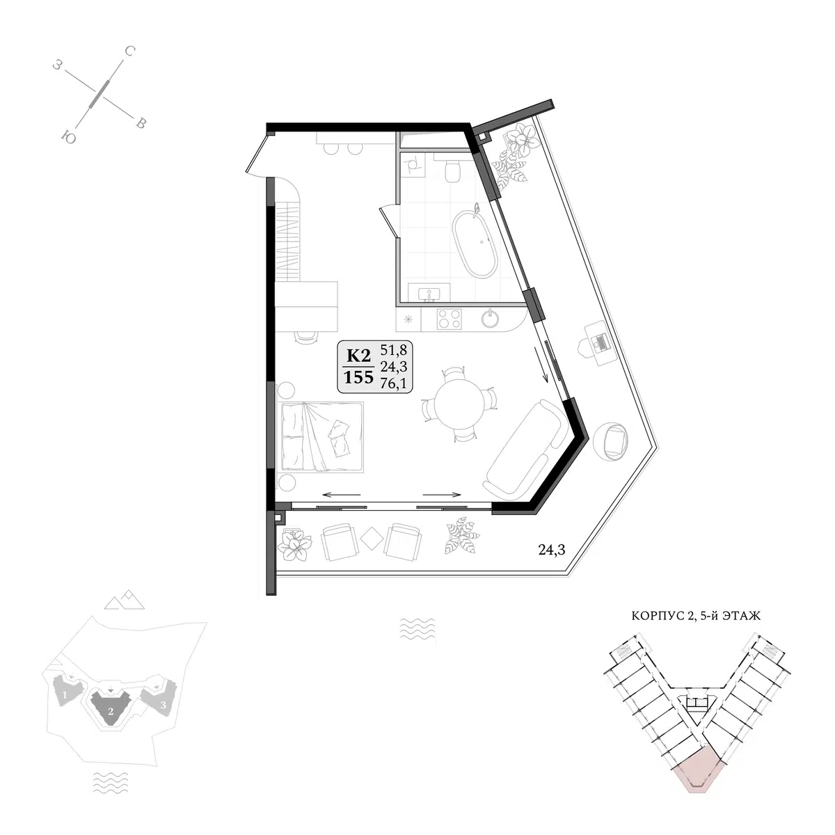 Планировка: 1-комн. квартира 76.10 м² в новостройке Апарт-комплекс Летто