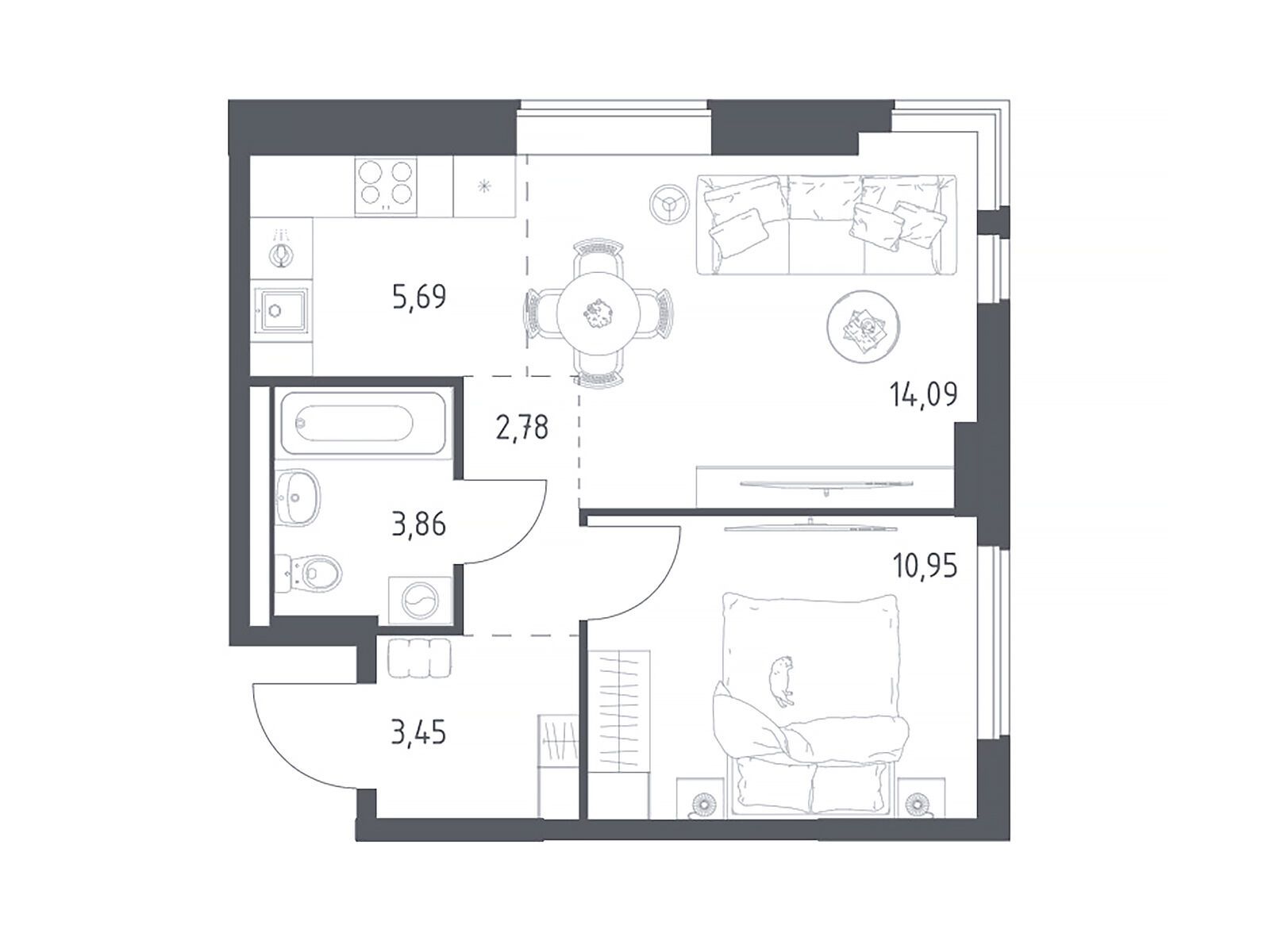 Планировка: 1-комн. квартира 40.82 м² в новостройке Горки Парк