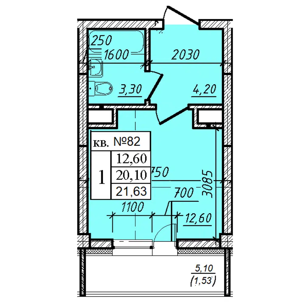Планировка: 1-комн. квартира 21.63 м² в новостройке Дом на 6-й Линии
