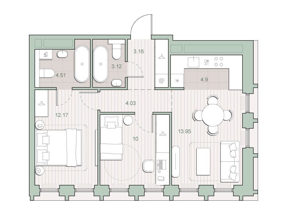 Планировка: 2-комн. квартира 55.84 м² в новостройке Среда на Кутузовском