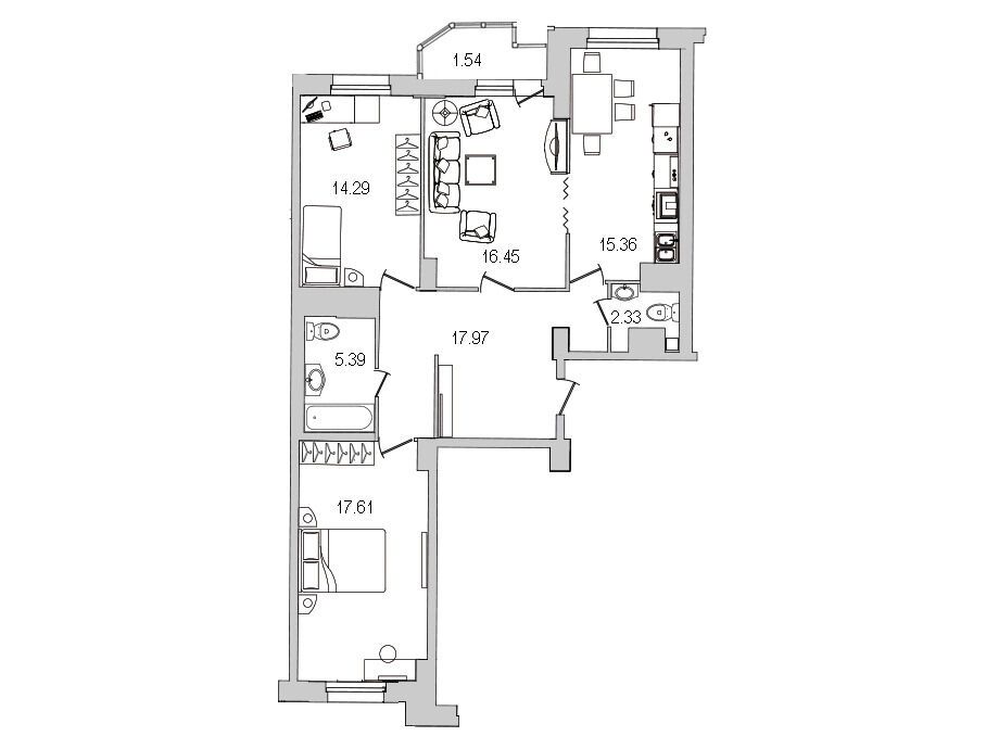 Планировка: 3-комн. квартира 92.10 м² в новостройке Шекспир