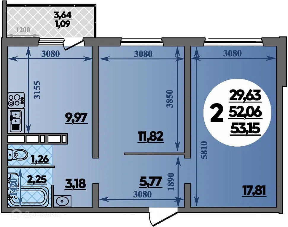 Планировка: 2-комн. квартира 53.15 м² в новостройке Романовский
