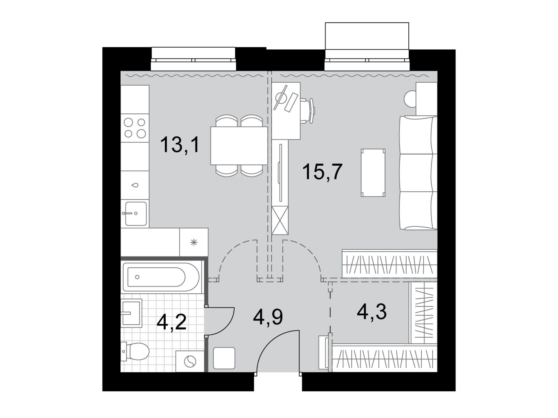 Планировка: 1-комн. квартира 42.20 м² в новостройке ЖК Дубровицы клаб
