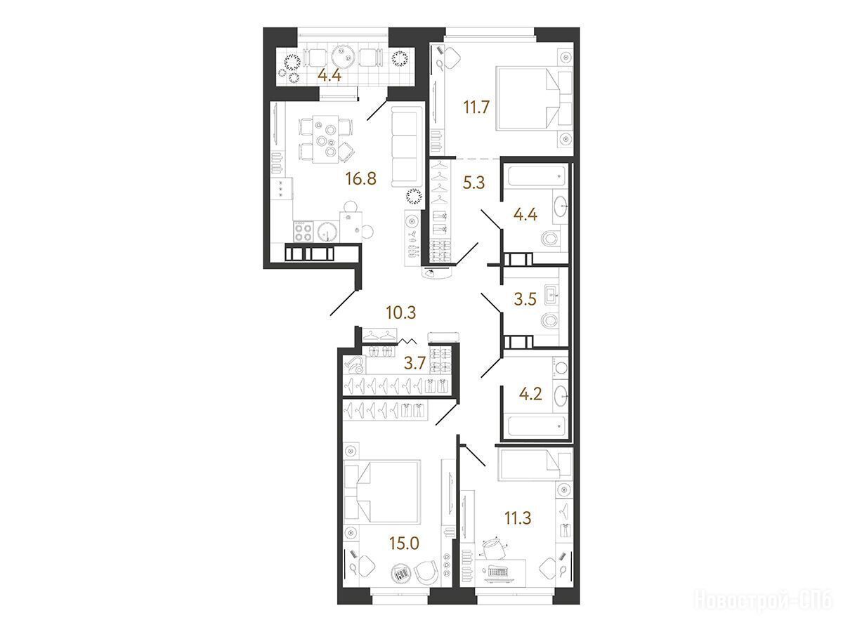 Планировка: 3-комн. квартира 86.00 м² в новостройке Куинджи