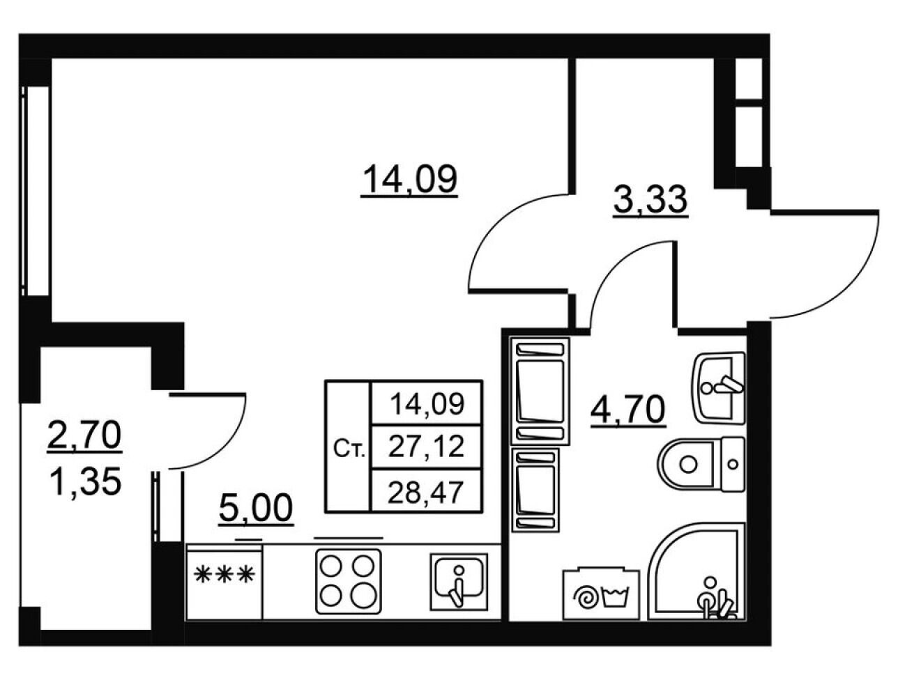 Планировка: Студия 28.47 м² в новостройке Высота. Новодевяткино