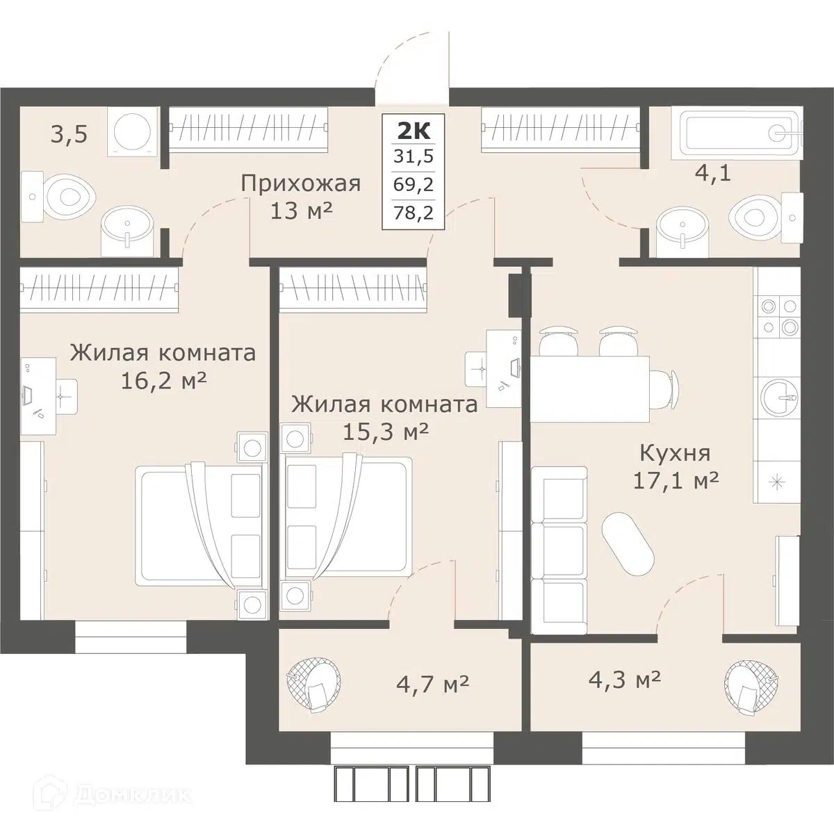 Планировка: 2-комн. квартира 77.40 м² в новостройке Моне