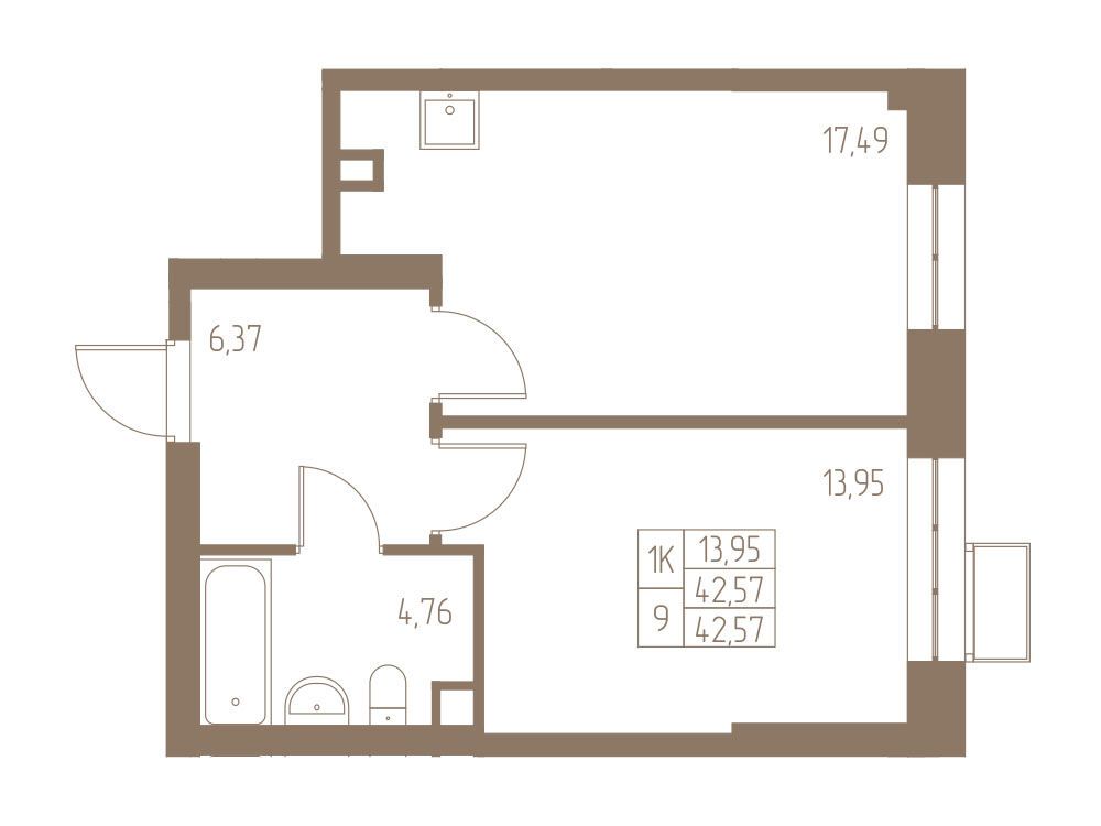 Планировка: 1-комн. квартира 42.57 м² в новостройке Фабрикант
