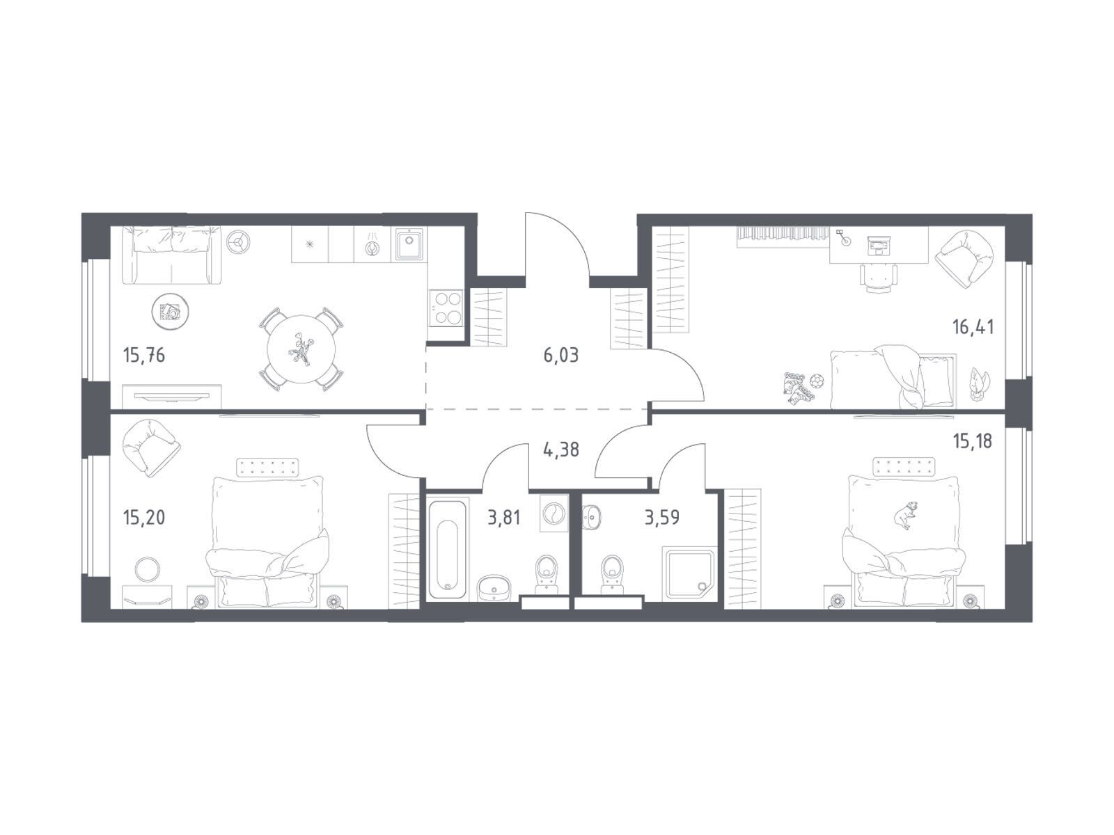 Планировка: 3-комн. квартира 80.36 м² в новостройке Большое Юрлово