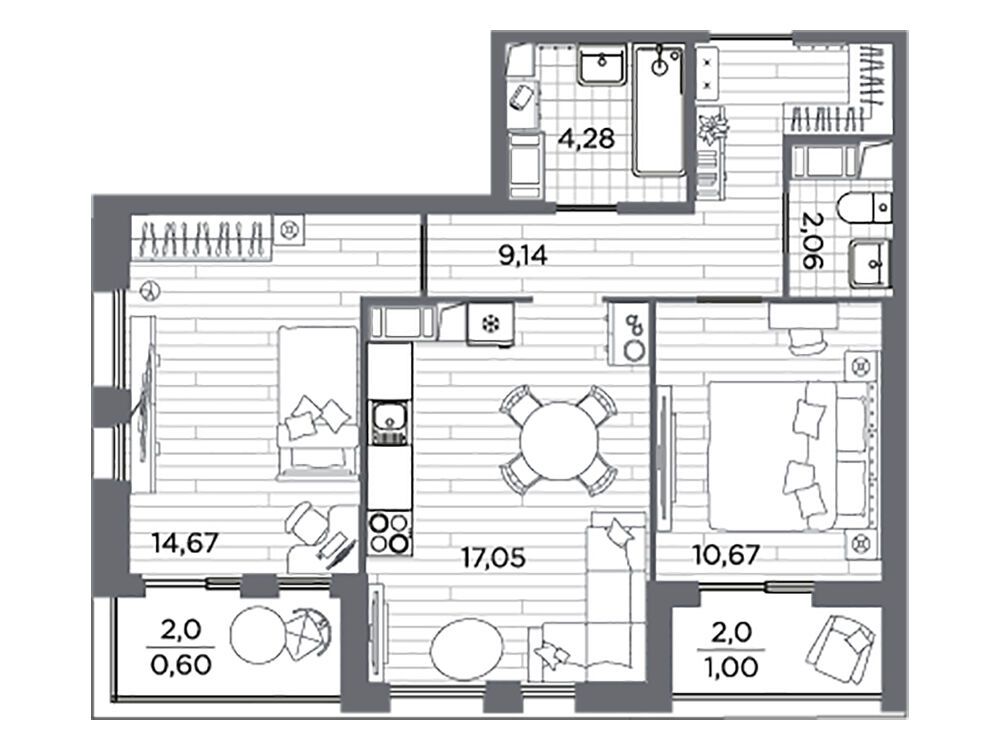 Планировка: 2-комн. квартира 59.47 м² в новостройке Респект