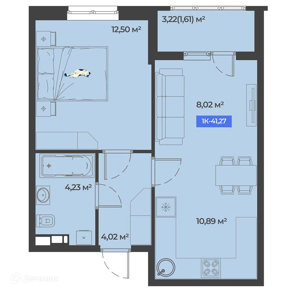 Планировка: 1-комн. квартира 41.27 м² в новостройке Соловей