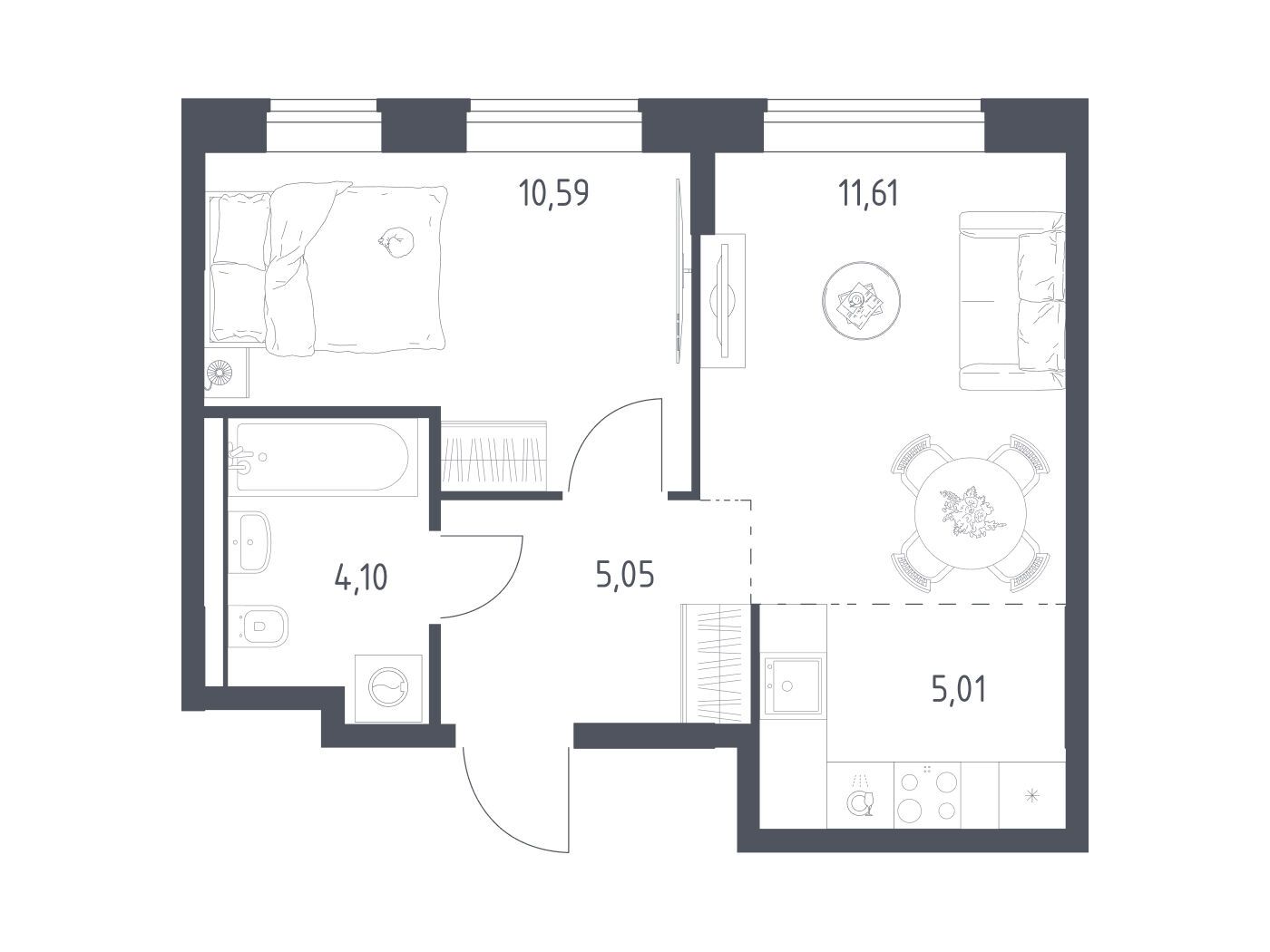 Планировка: 1-комн. квартира 36.36 м² в новостройке ЖК Квартал Домашний