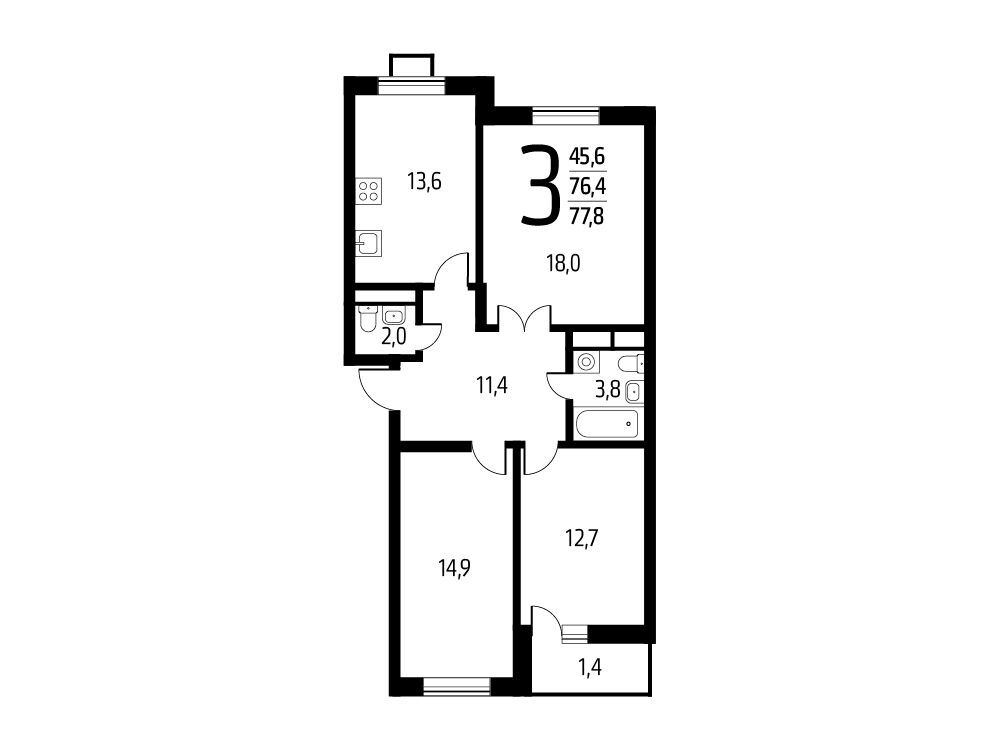 Планировка: 3-комн. квартира 77.80 м² в новостройке Новые Ватутинки