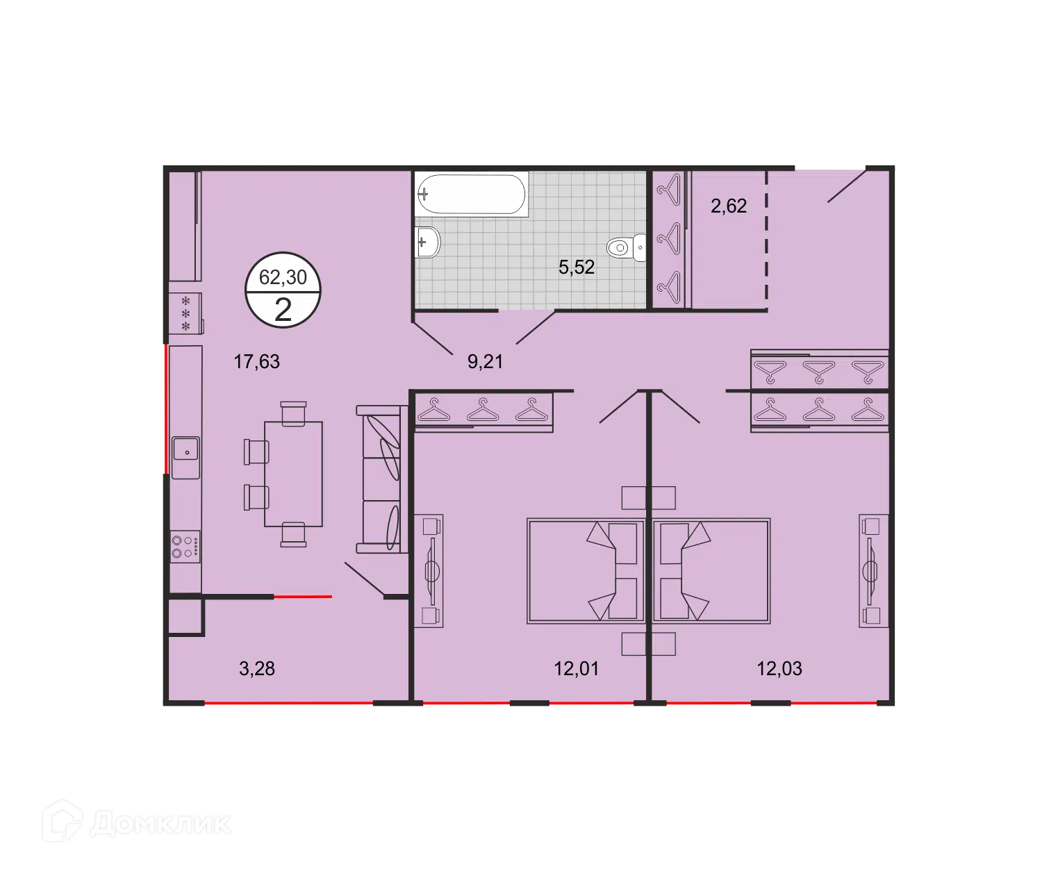 Планировка: 2-комн. квартира 62.30 м² в новостройке Дыхание