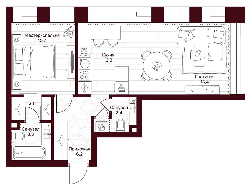 Планировка: 1-комн. квартира 52.50 м² в новостройке Дом 7 Даниловский