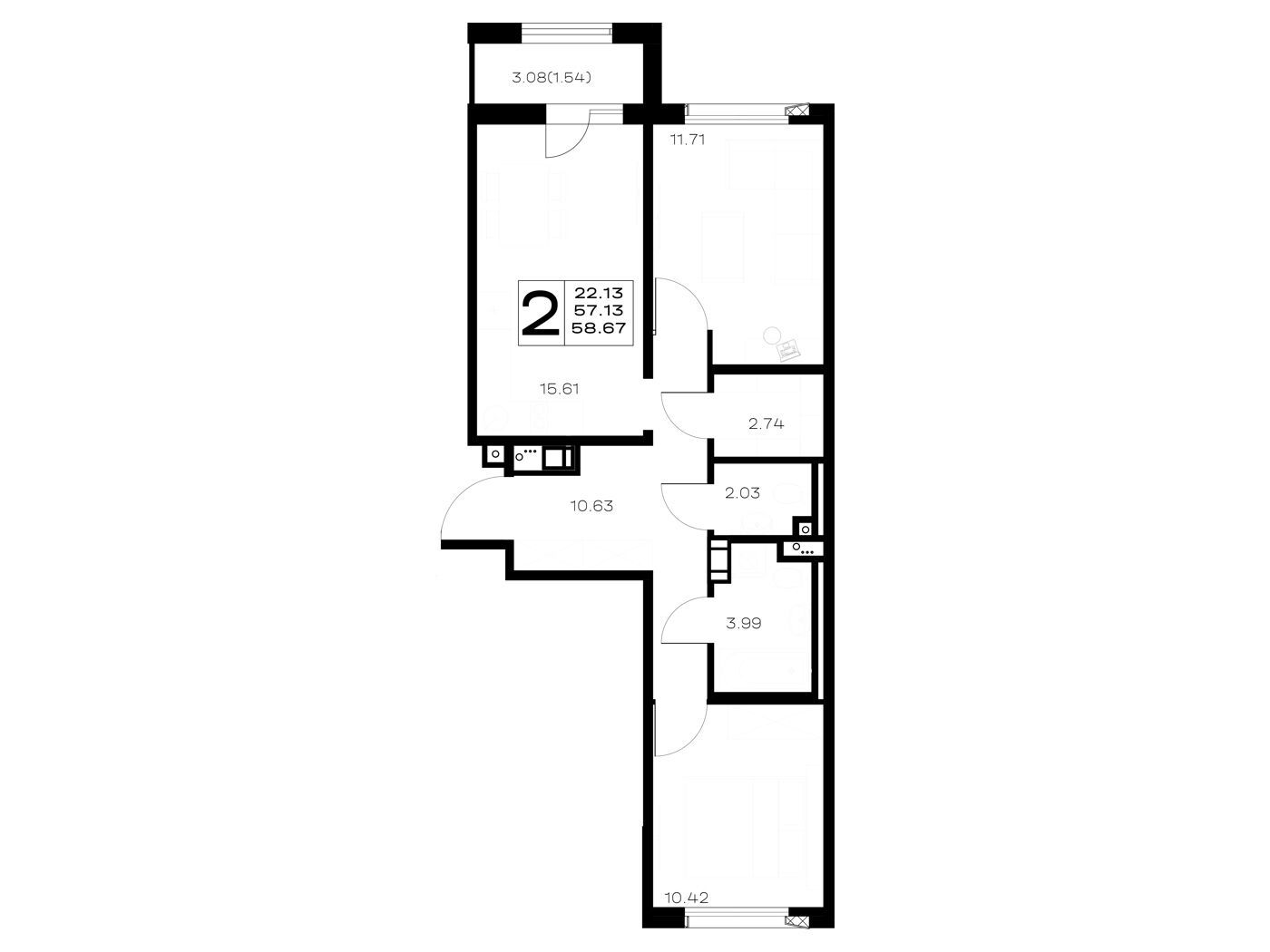 Планировка: 2-комн. квартира 58.67 м² в новостройке Борский
