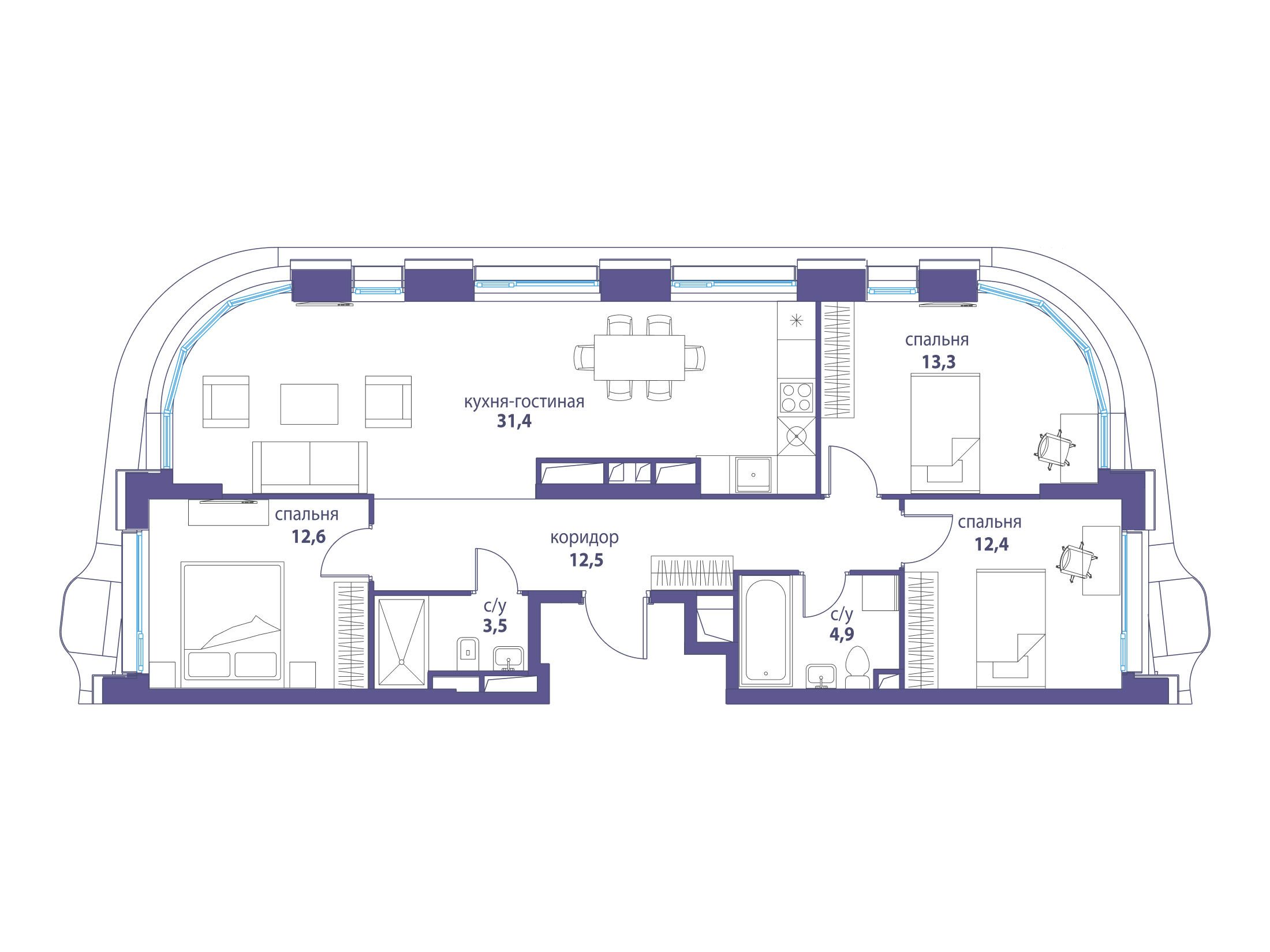 Планировка: 3-комн. квартира 90.60 м² в новостройке Символ