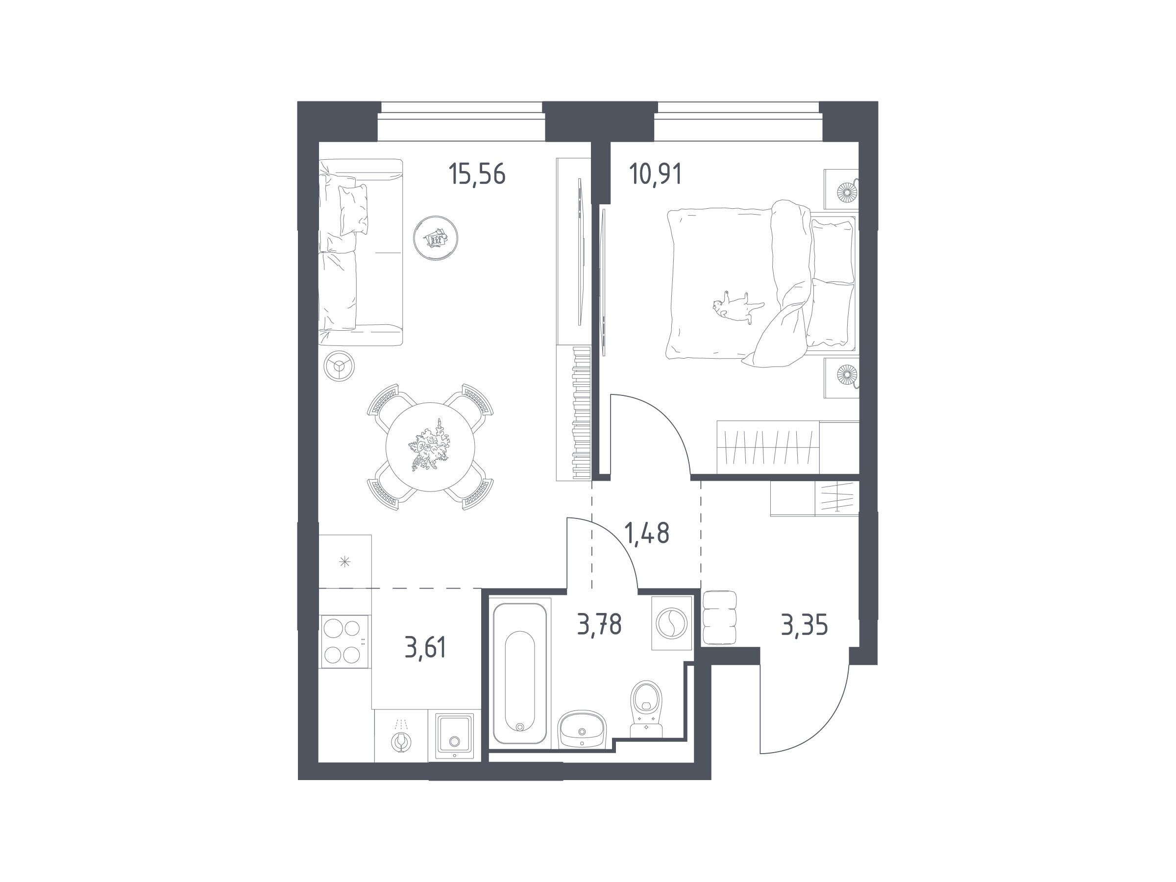 Планировка: 1-комн. квартира 38.69 м² в новостройке Богдановский Лес