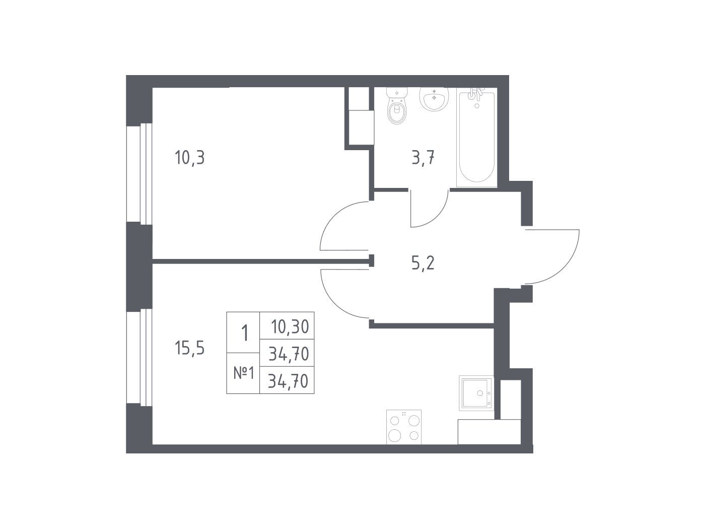 Планировка: 1-комн. квартира 34.00 м² в новостройке Эко Бунино