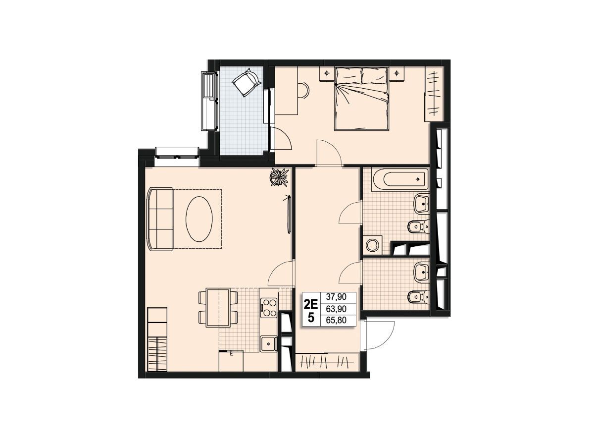 Планировка: 2-комн. квартира 63.50 м² в новостройке Атлантис
