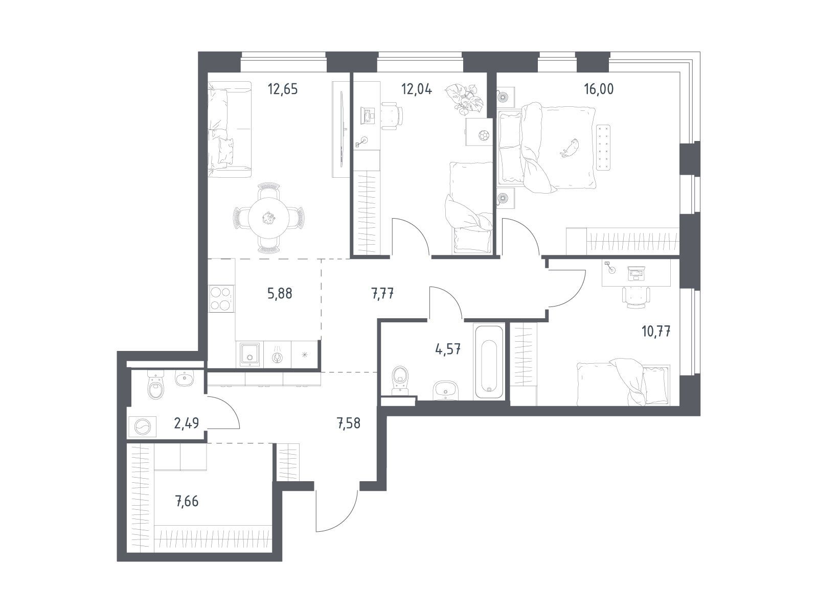Планировка: 3-комн. квартира 87.41 м² в новостройке Новое Видное