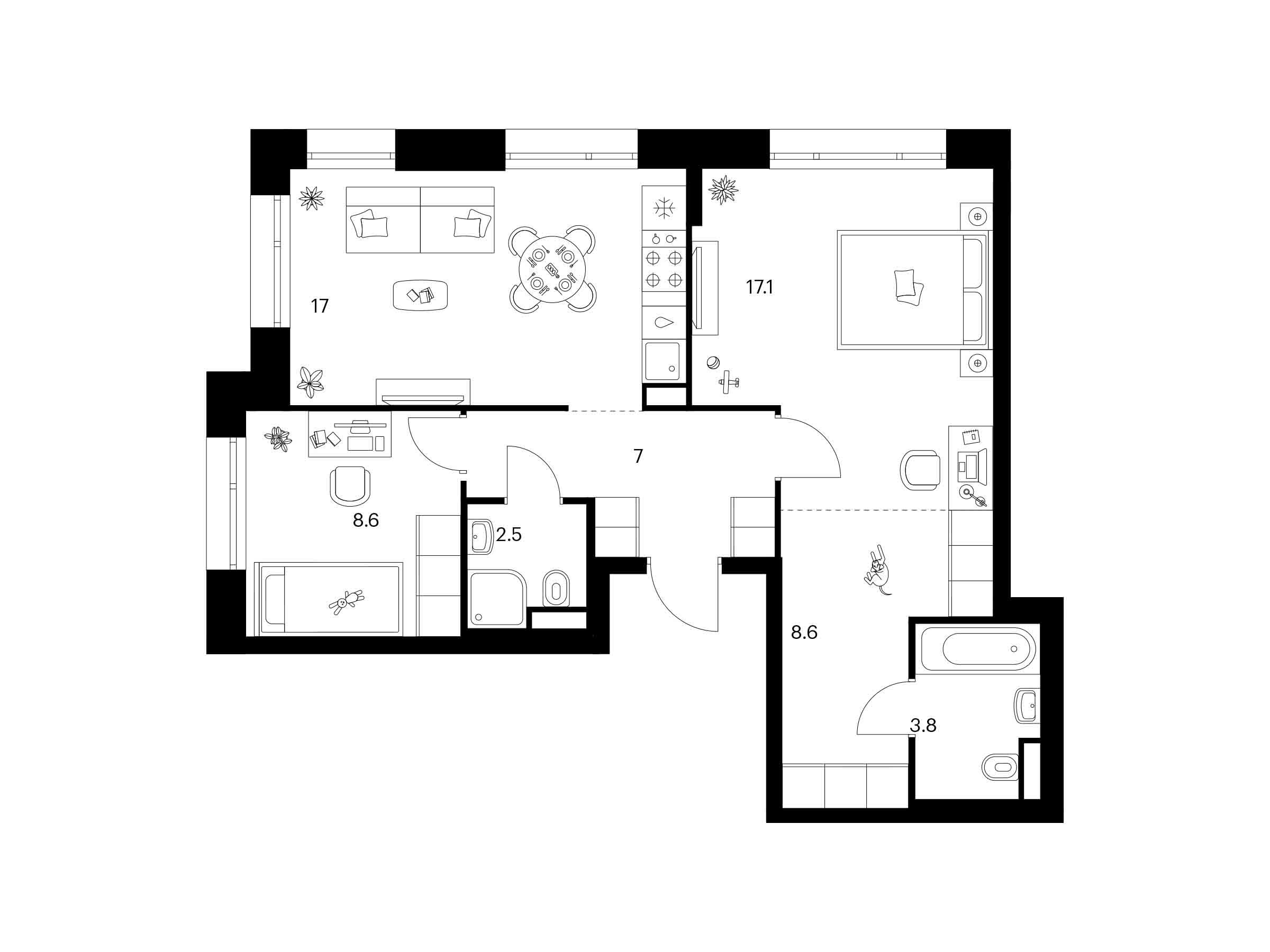 Планировка: 2-комн. квартира 64.60 м² в новостройке Середневский лес