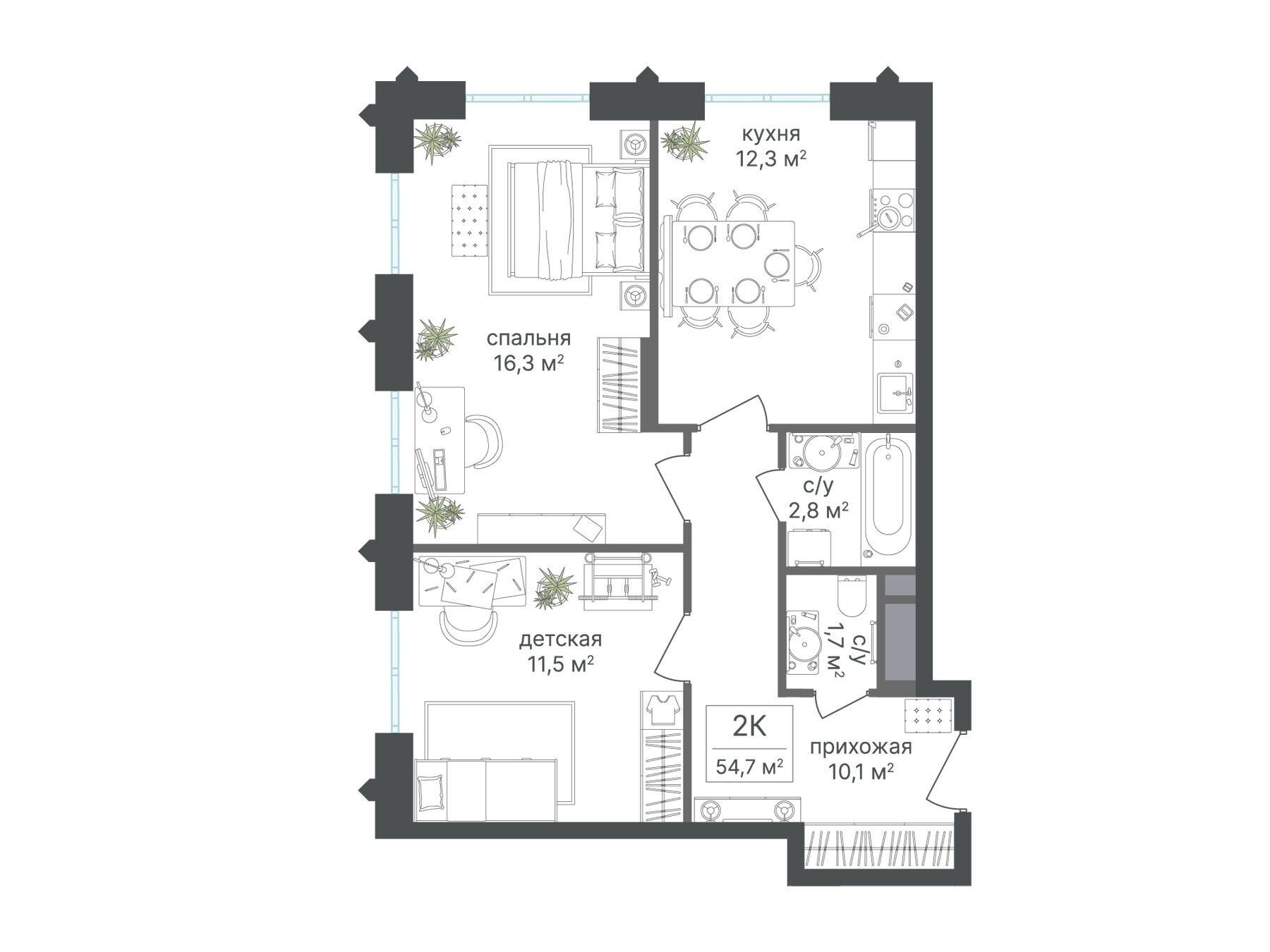 Планировка: 2-комн. квартира 54.70 м² в новостройке ЖК Варшавские ворота