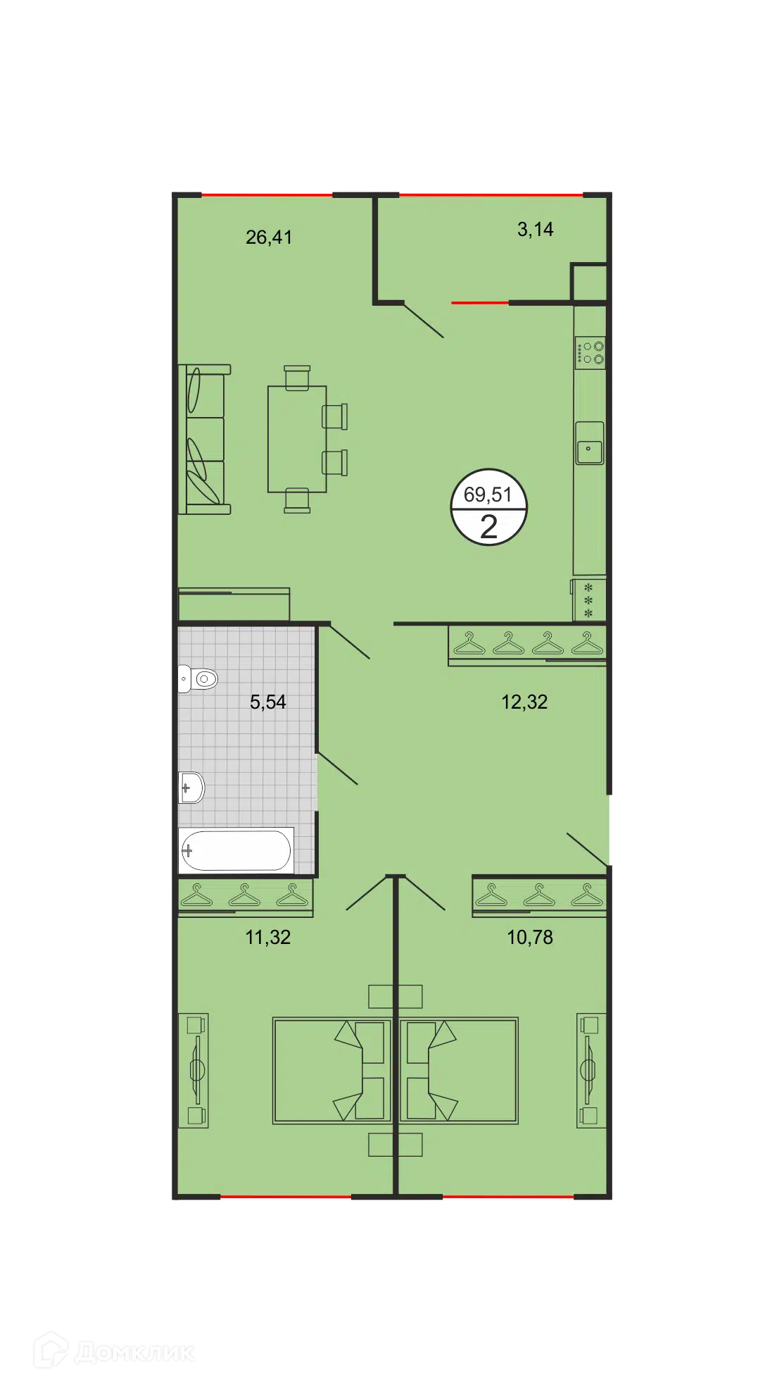 Планировка: 2-комн. квартира 69.51 м² в новостройке Дыхание