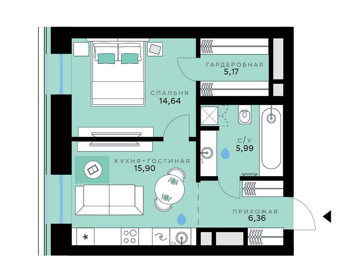 Планировка: 1-комн. квартира 48.06 м² в новостройке СберСити