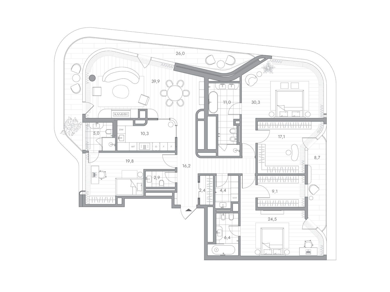 Планировка: 3-комн. квартира 209.70 м² в новостройке Фантом