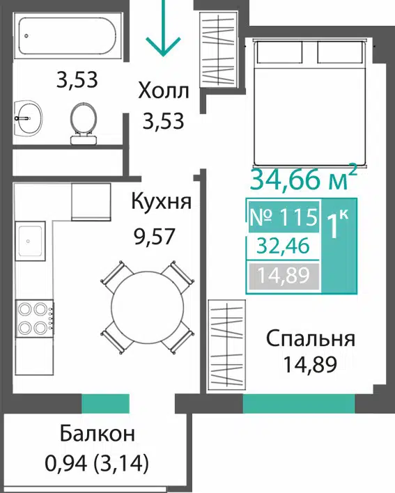 Планировка: 1-комн. квартира 32.46 м² в новостройке Прополис