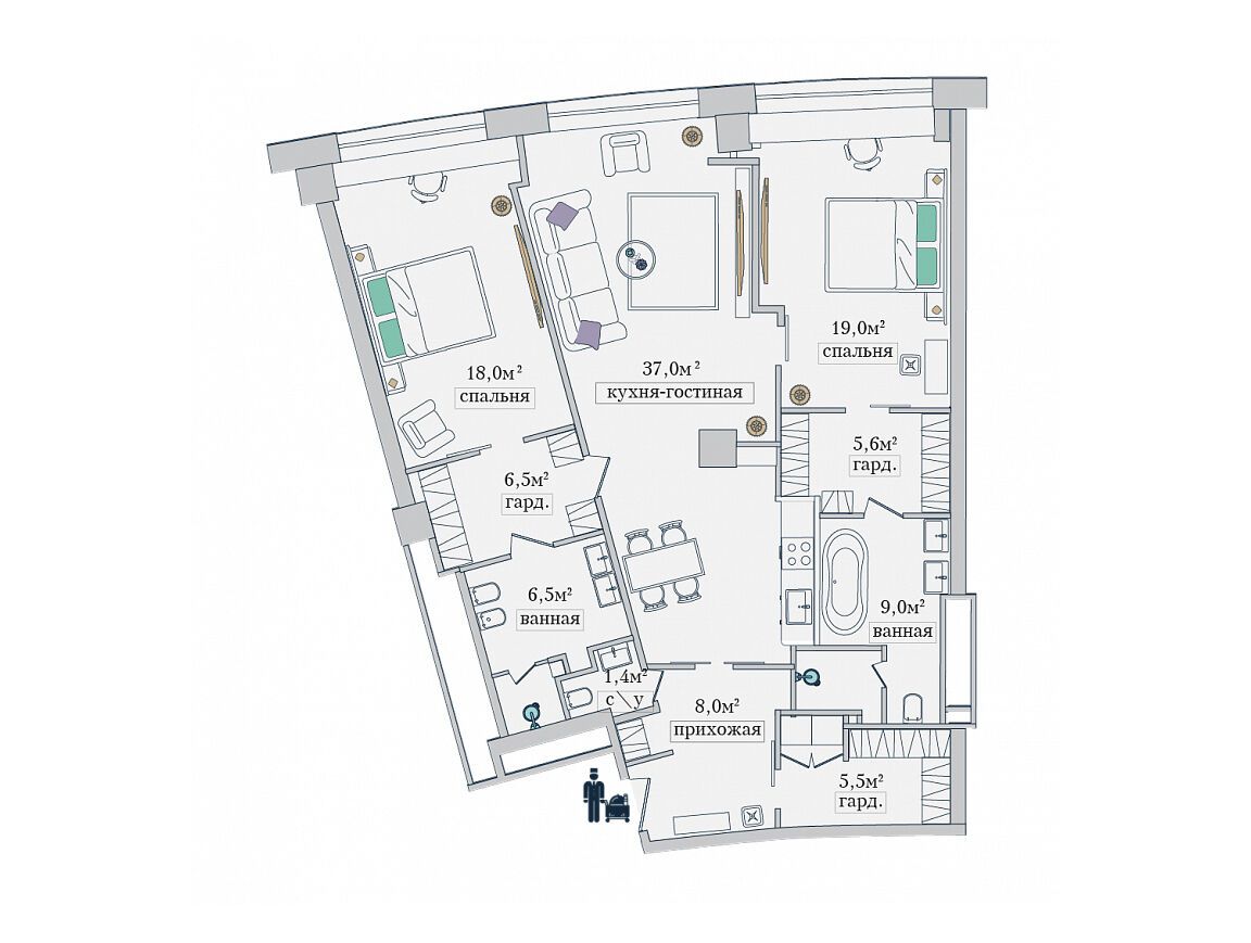 Планировка: 2-комн. квартира 125.80 м² в новостройке ЖК Звезды Арбата