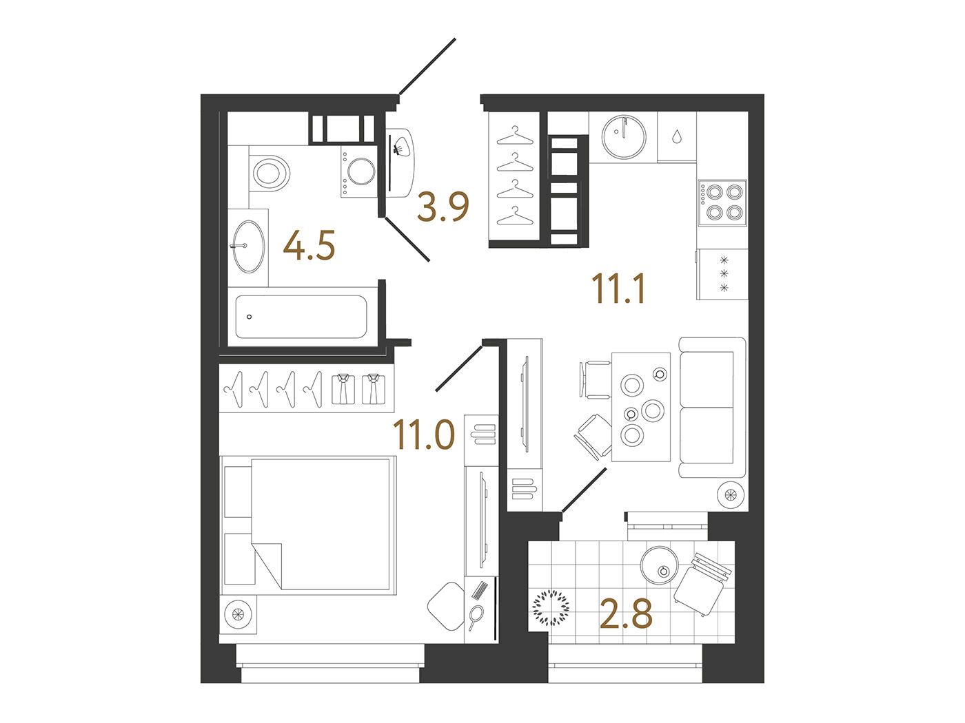 Планировка: 1-комн. квартира 31.50 м² в новостройке Куинджи