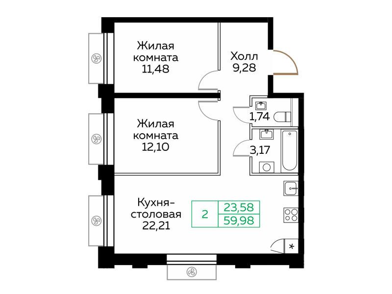 Планировка: 2-комн. квартира 60.00 м² в новостройке Кит