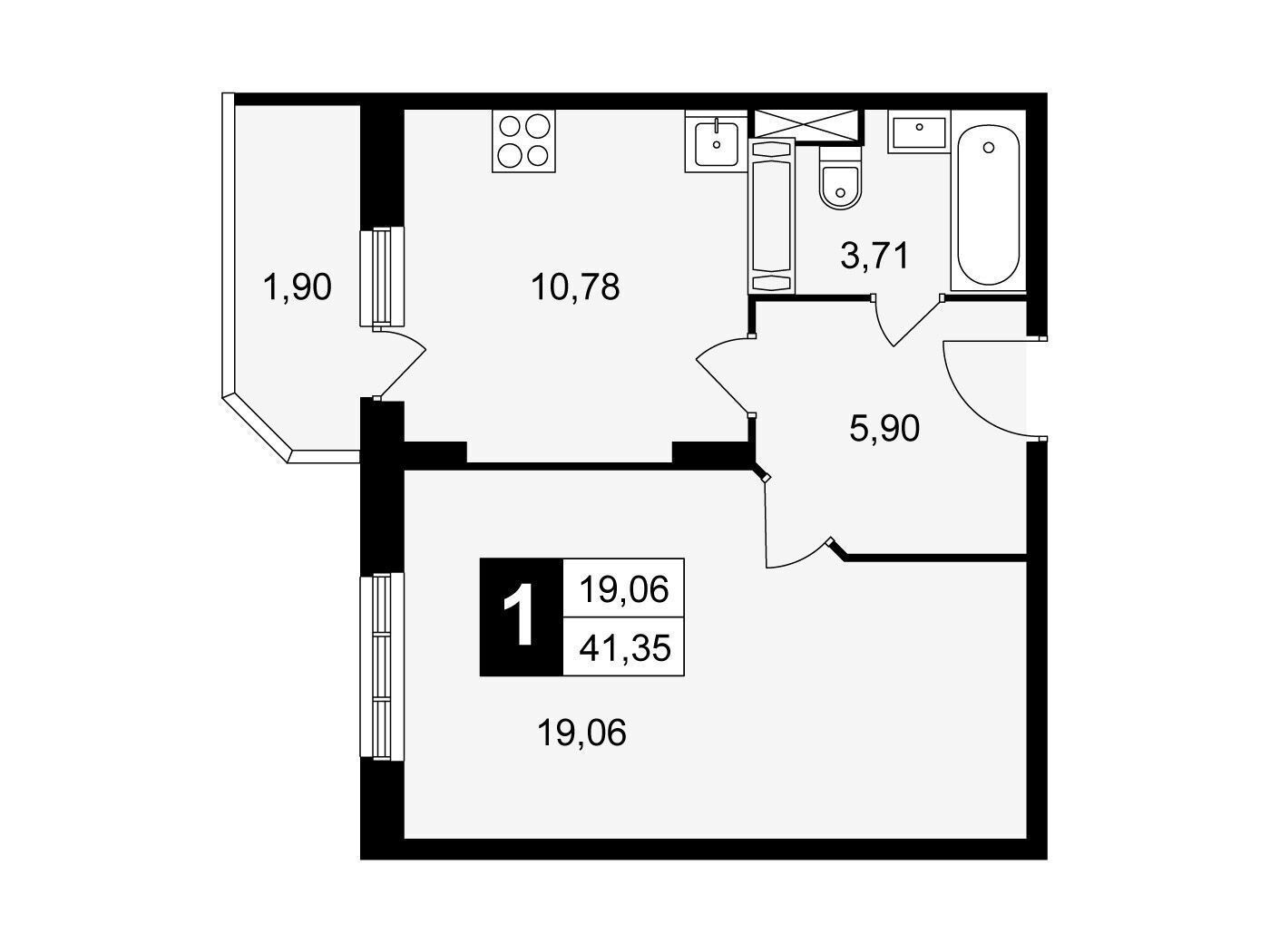 Планировка: 1-комн. квартира 41.35 м² в новостройке Школьный
