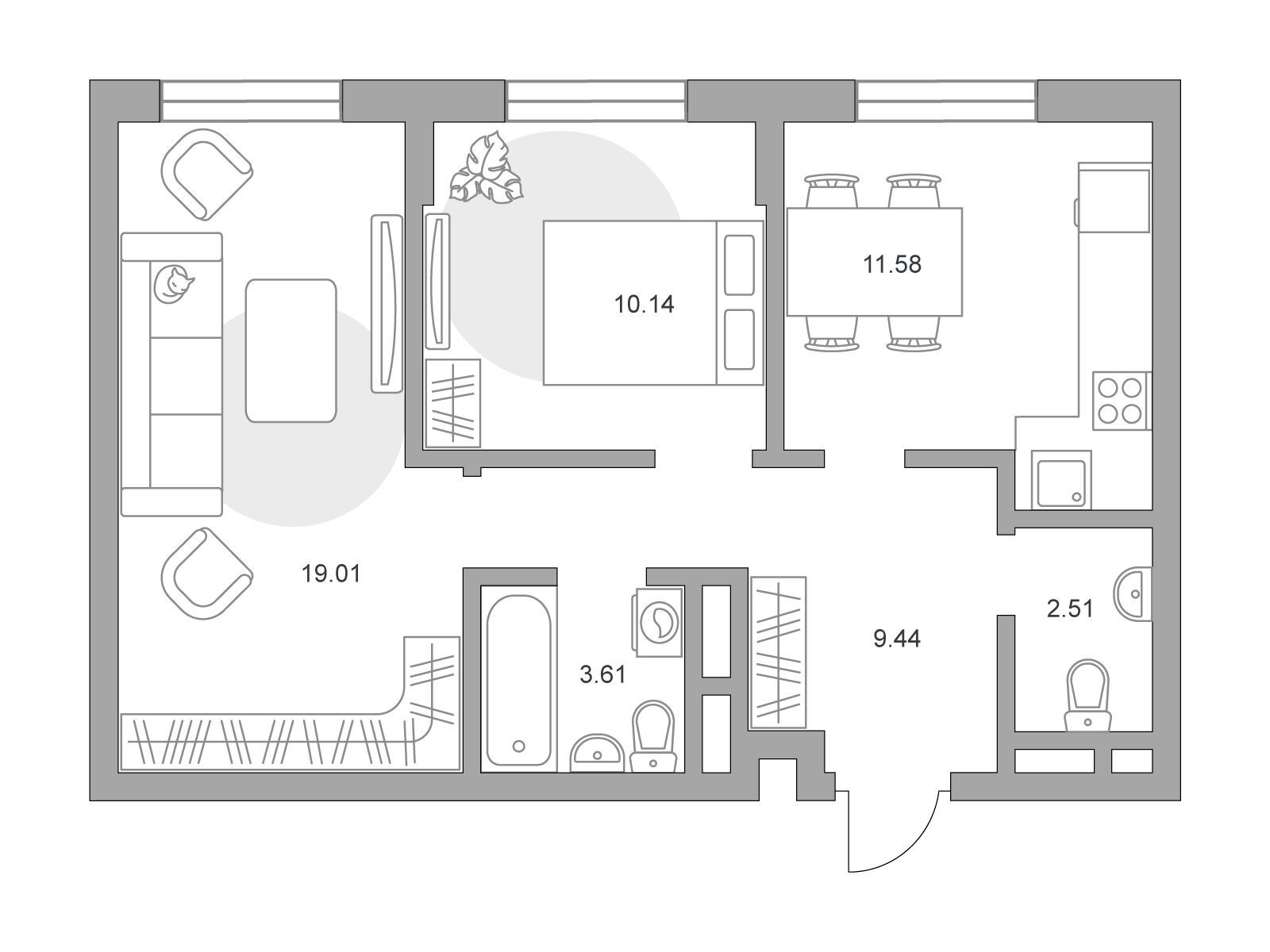Планировка: 2-комн. квартира 56.29 м² в новостройке Живописный