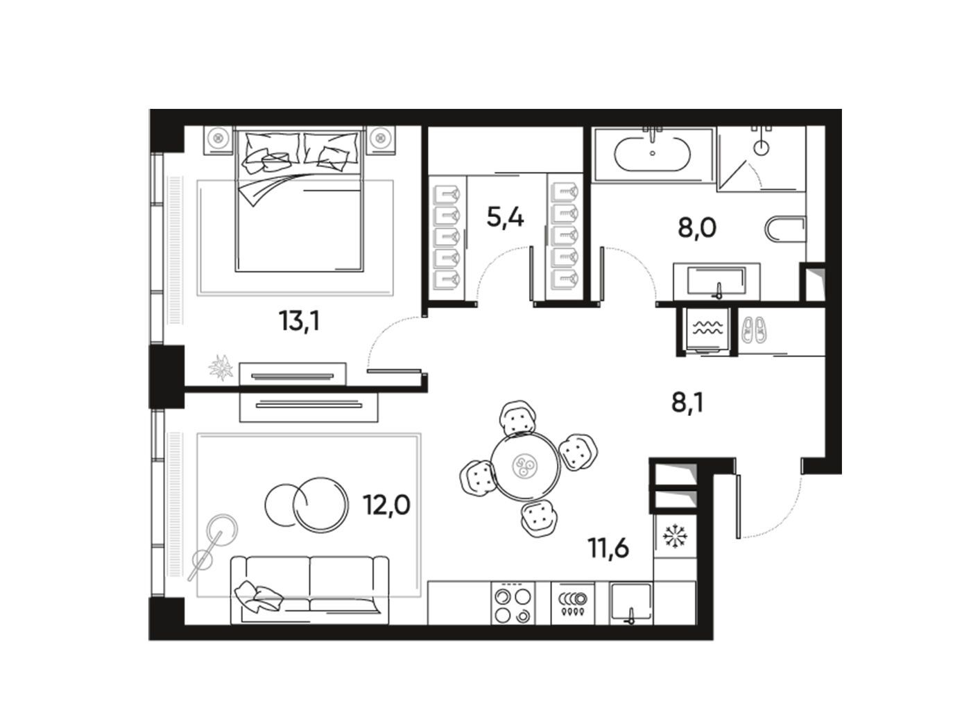 Планировка: 2-комн. квартира 58.80 м² в новостройке Прайд