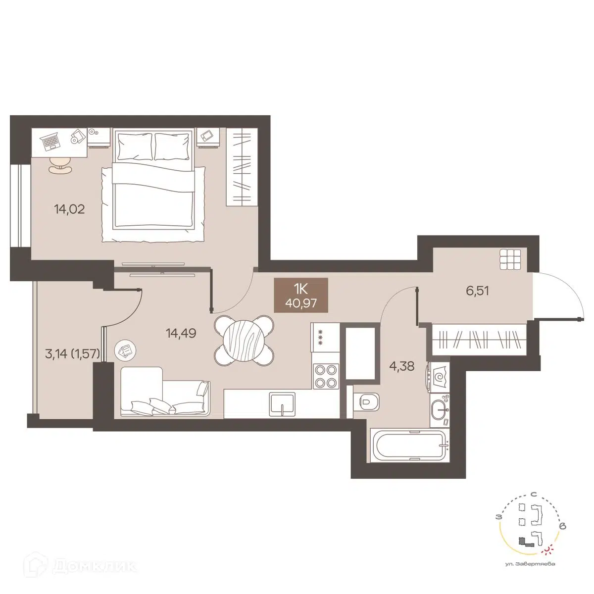 Планировка: 1-комн. квартира 40.97 м² в новостройке Заря на Завертяева