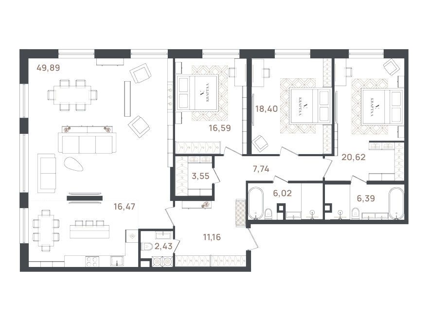 Планировка: 4-комн. квартира 159.26 м² в новостройке VI Квартал
