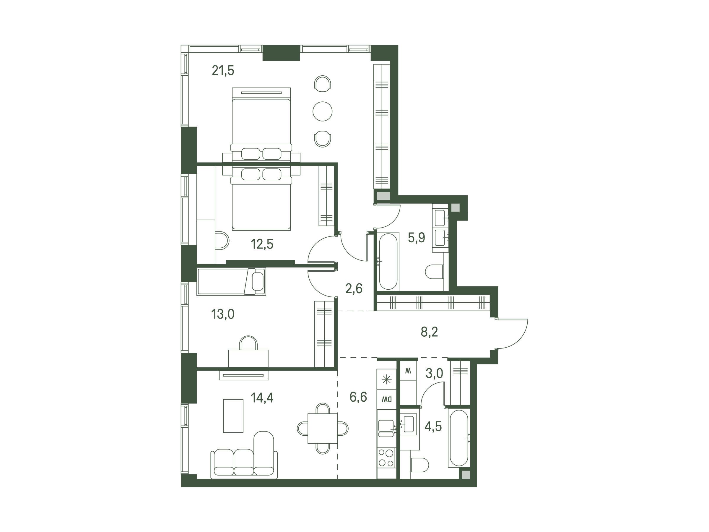 Планировка: 3-комн. квартира 92.40 м² в новостройке Моментс