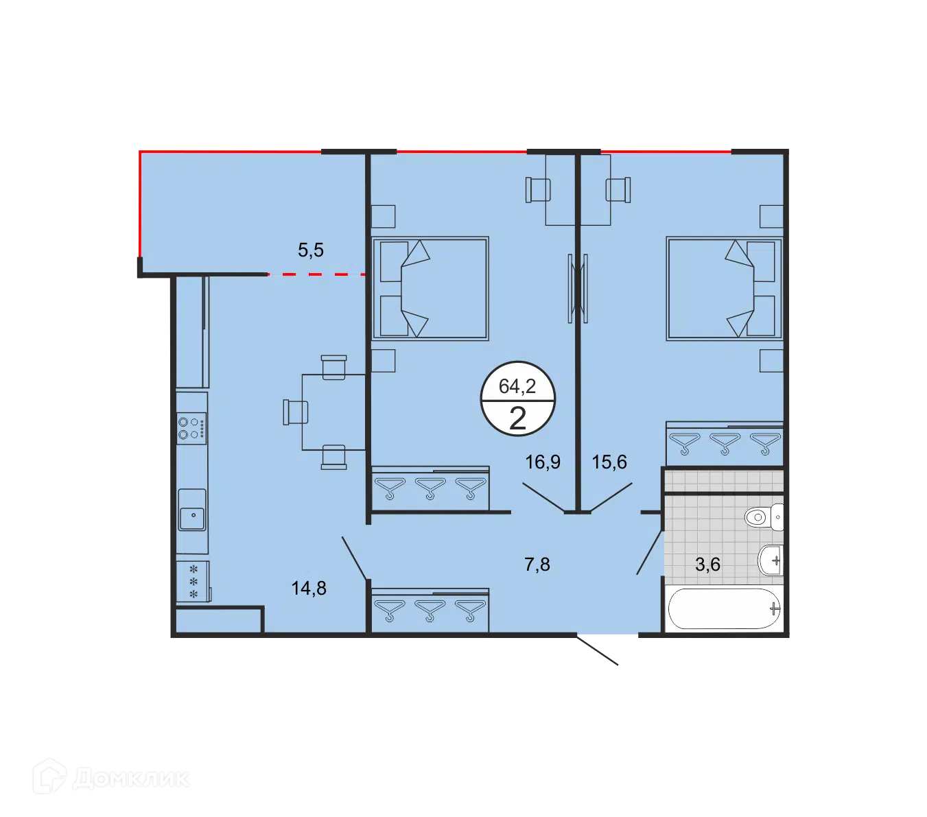 Планировка: 2-комн. квартира 64.20 м² в новостройке По ул. Филатова
