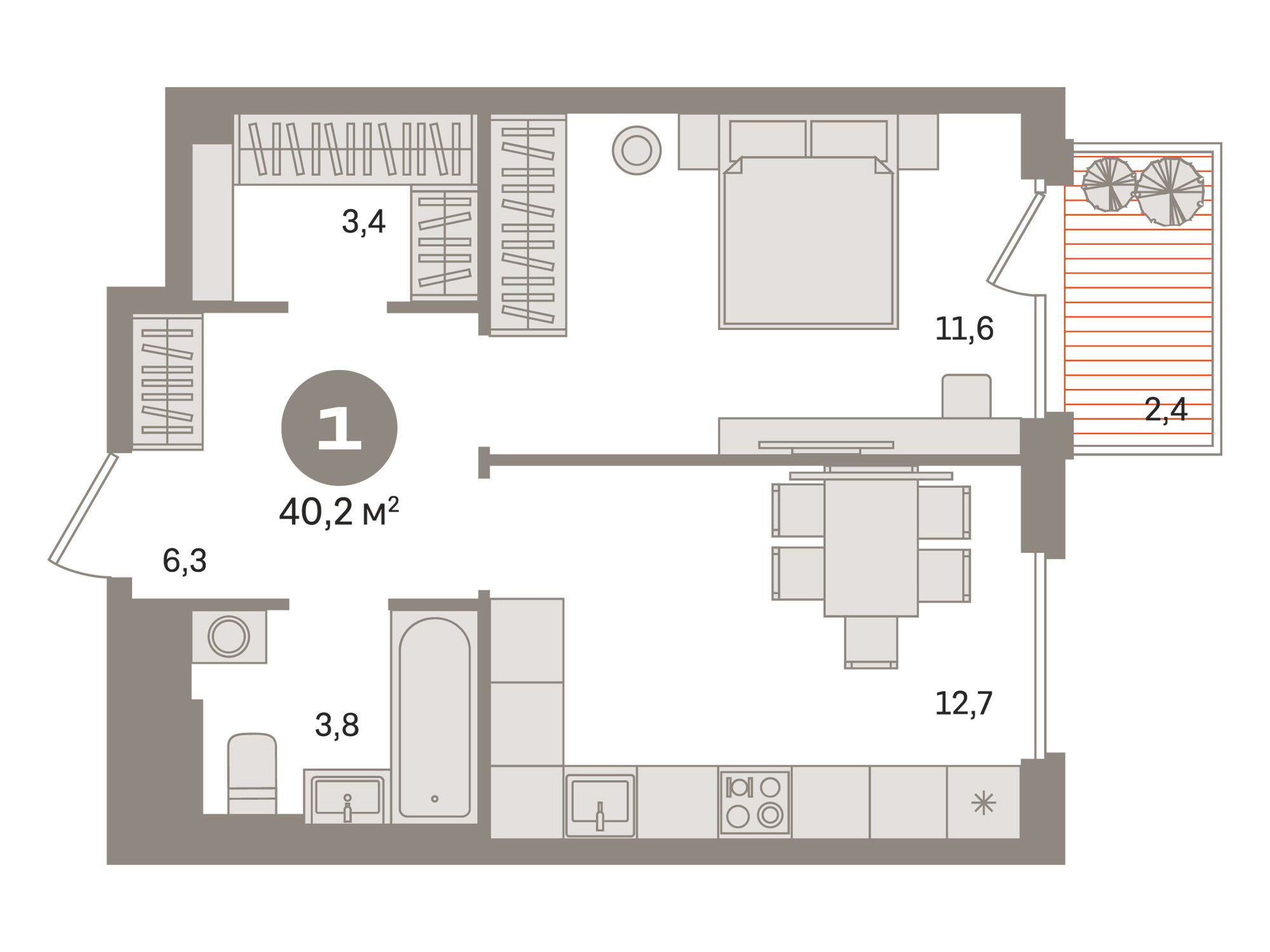 Планировка: 1-комн. квартира 40.20 м² в новостройке Квартал Герцена