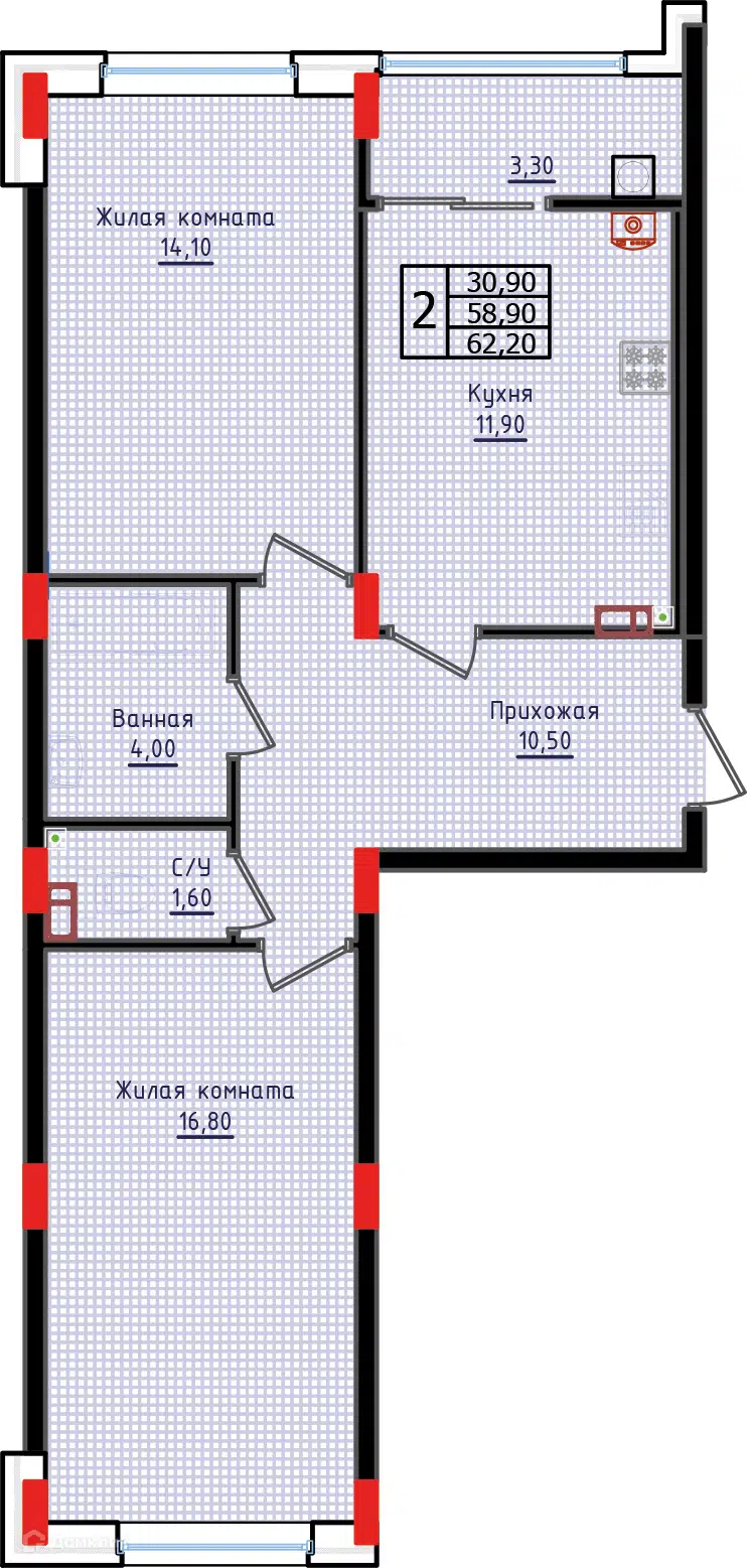 Планировка: 2-комн. квартира 62.20 м² в новостройке Суворов