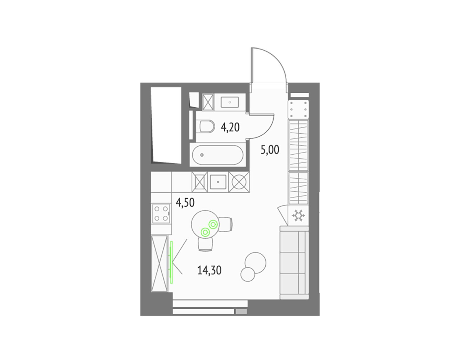 Планировка: Студия 24.30 м² в новостройке Апсайд Тауерс