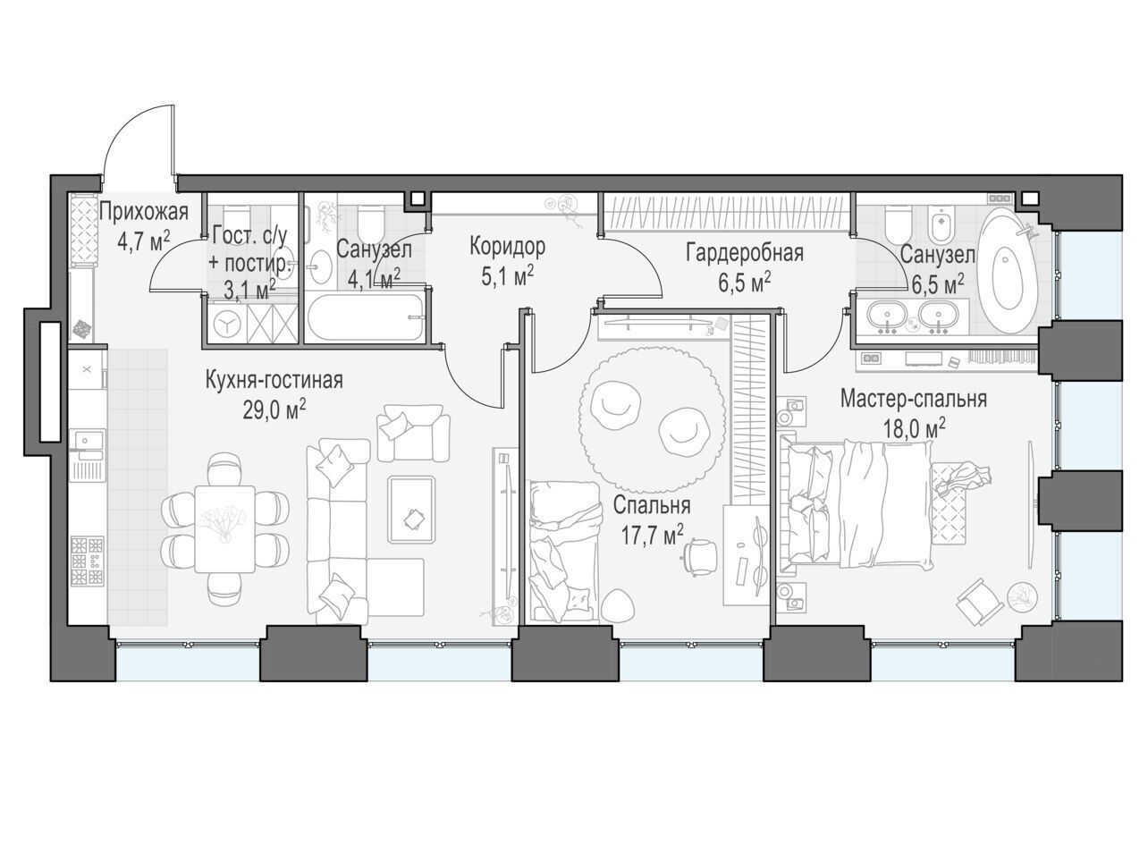 Планировка: 2-комн. квартира 95.50 м² в новостройке Лайф тайм