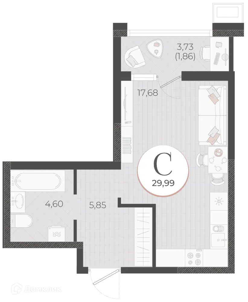 Планировка: Студия 29.99 м² в новостройке Моренуар