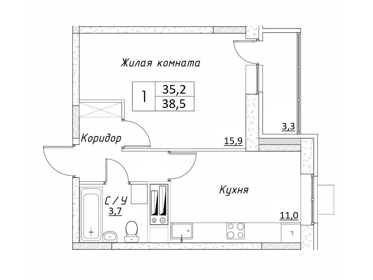 Планировка: 1-комн. квартира 38.50 м² в новостройке Шоколад