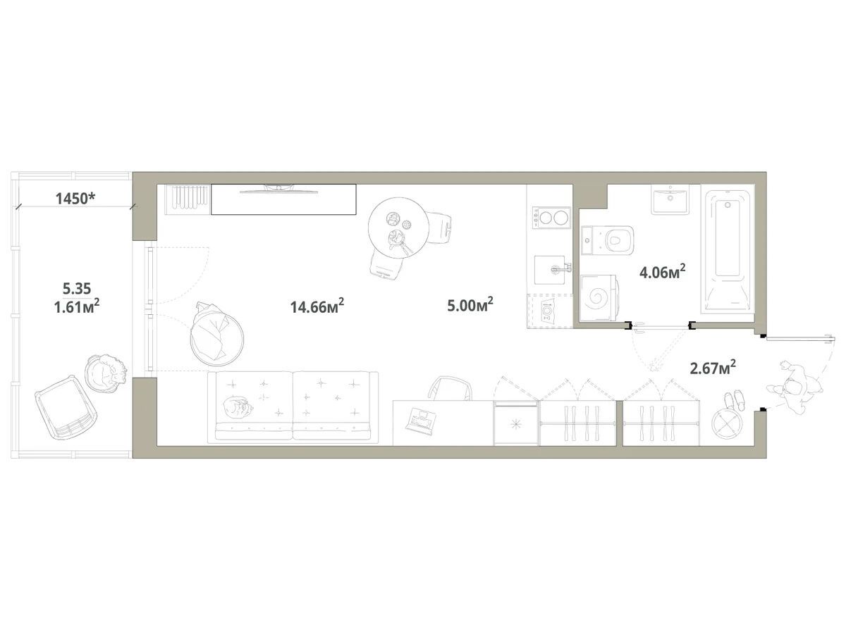Планировка: 1-комн. квартира 28.00 м² в новостройке Тишин