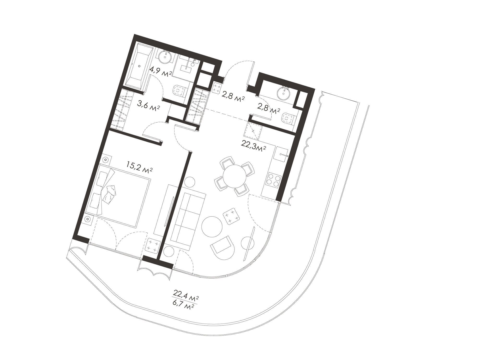 Планировка: 1-комн. квартира 59.20 м² в новостройке Кинг энд Санс