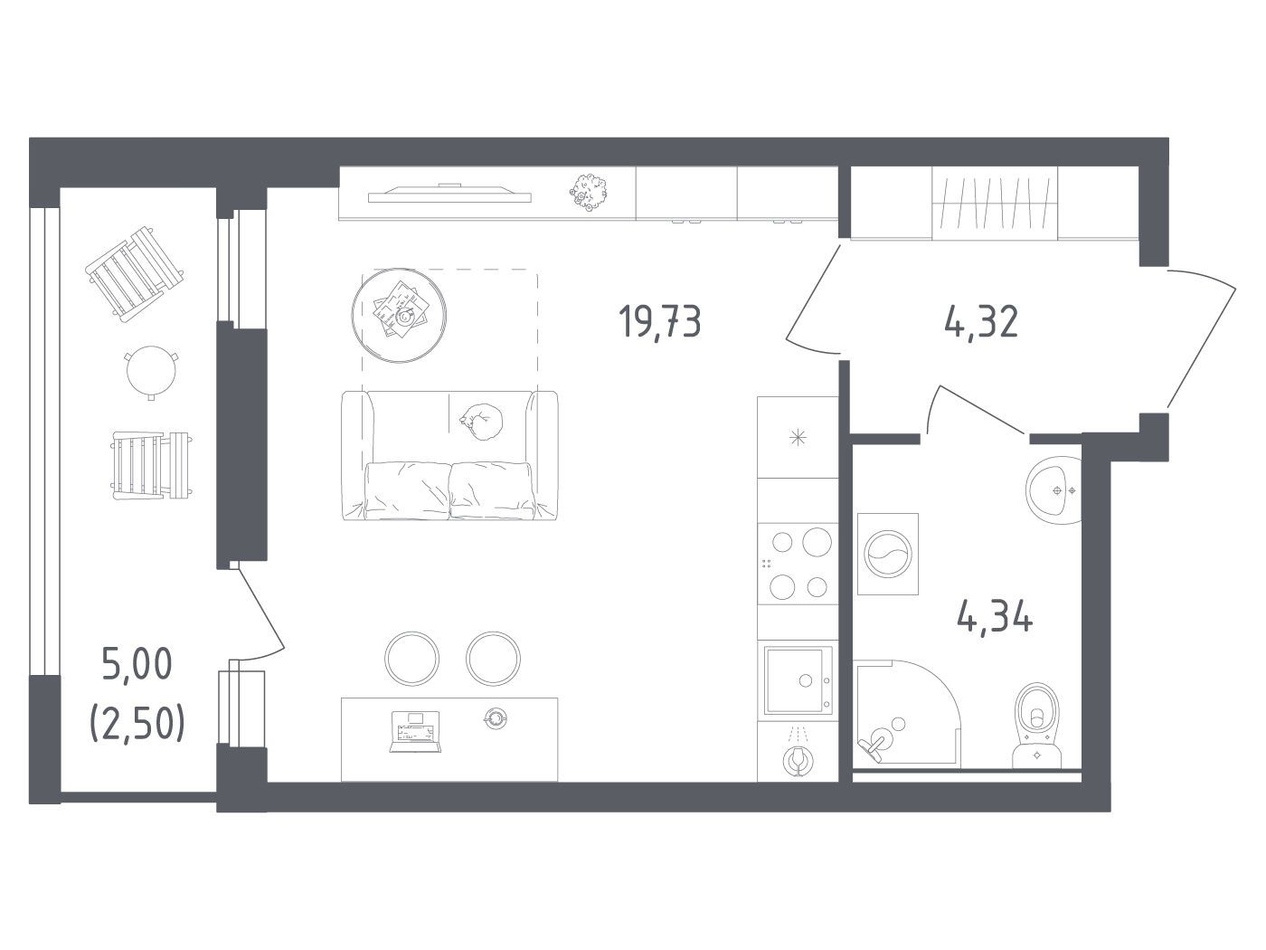 Планировка: Студия 30.69 м² в новостройке Южная Нева