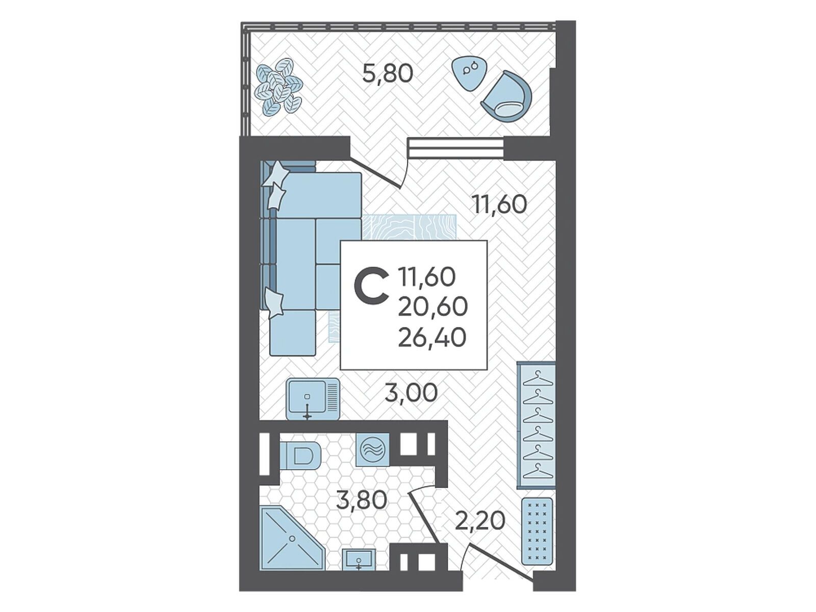 Планировка: Студия 26.40 м² в новостройке Горный квартал